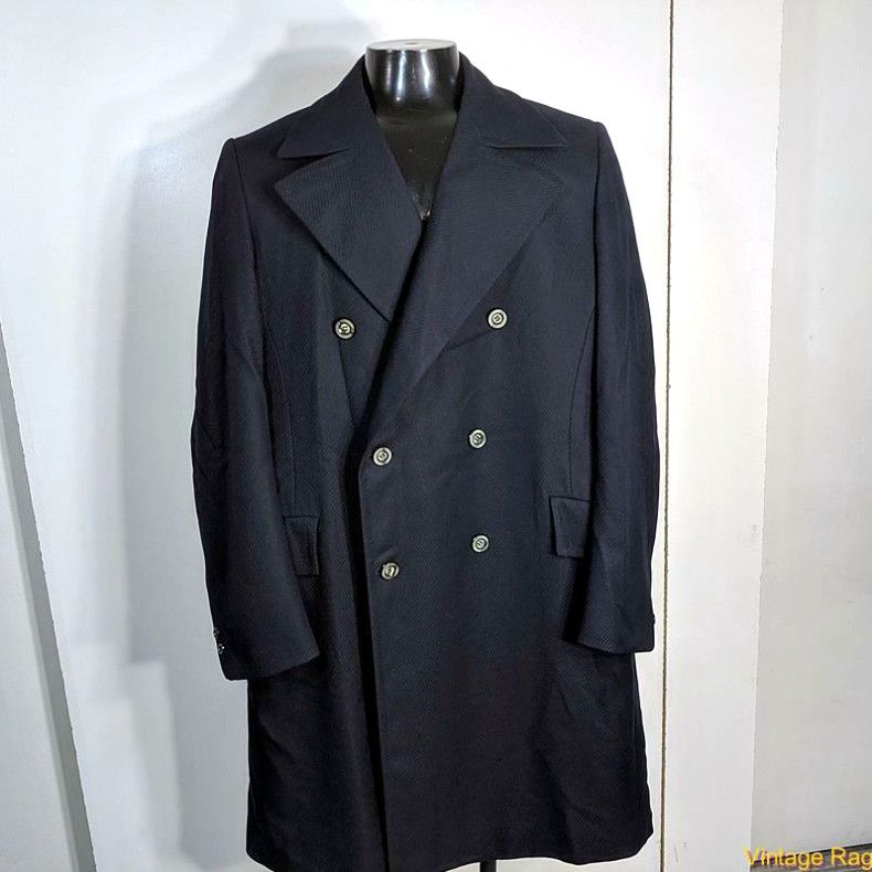 image of Vintage Ggg Clothes VTG Long Heavy Polyester/wool Coat Overcoat Mens Size S Dark Blue in White