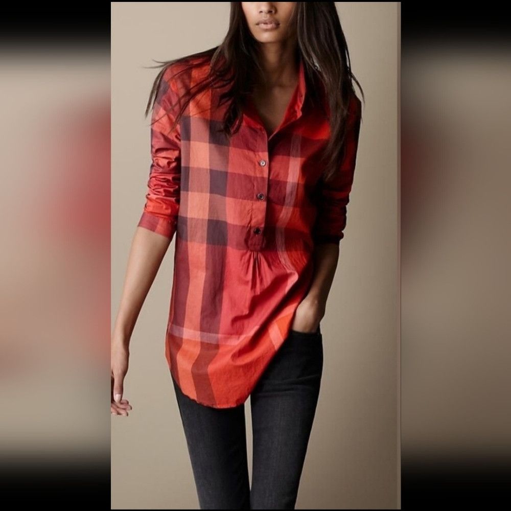 Image of Burberry Brit Womens Nova Check Button Down Shirt Loose Fit in Red Orange Nova Check (Size XS)