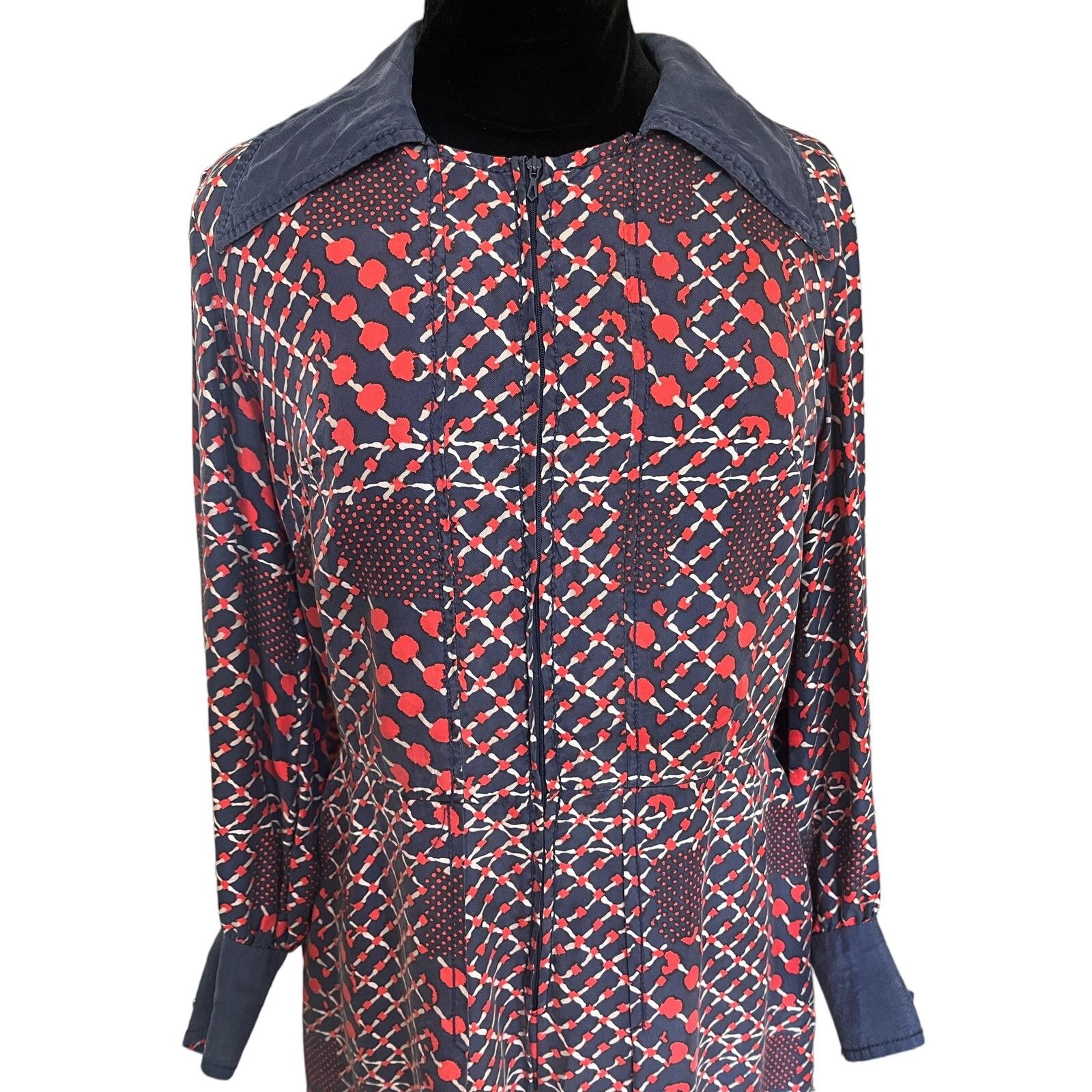 Vintage Vintage 70s Blue Red Geometric Silk Midi Dress Mod Med Large Size M / US 6-8 / IT 42-44 - 2 Thumbnail