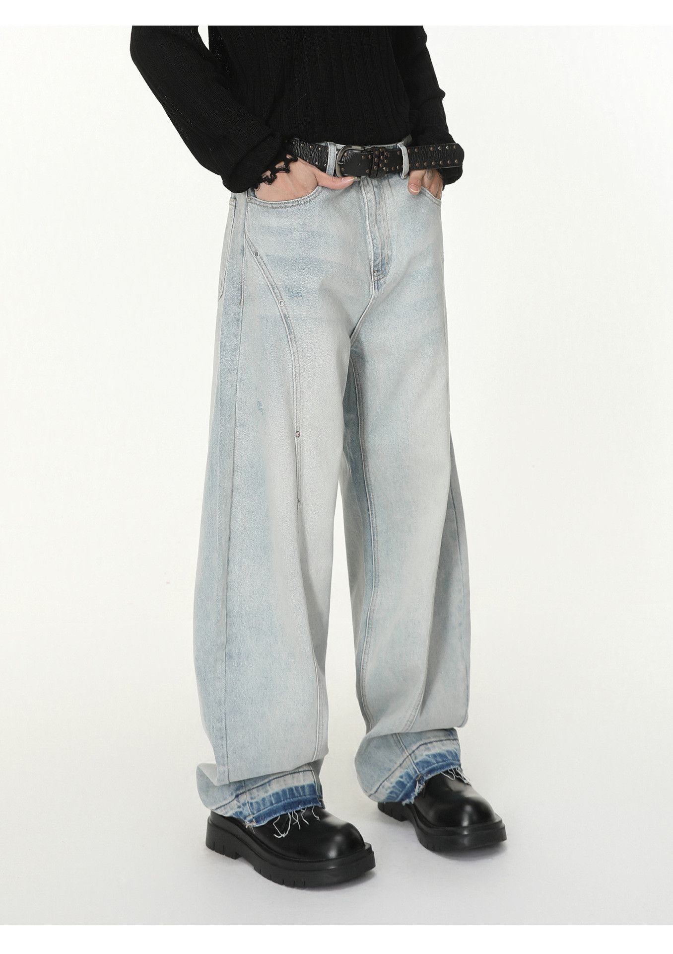 Japanese Brand Men's Japanese Retro Distressed Wide-Leg Curved Washed Jeans Size US 32 / EU 48 - 3 Thumbnail