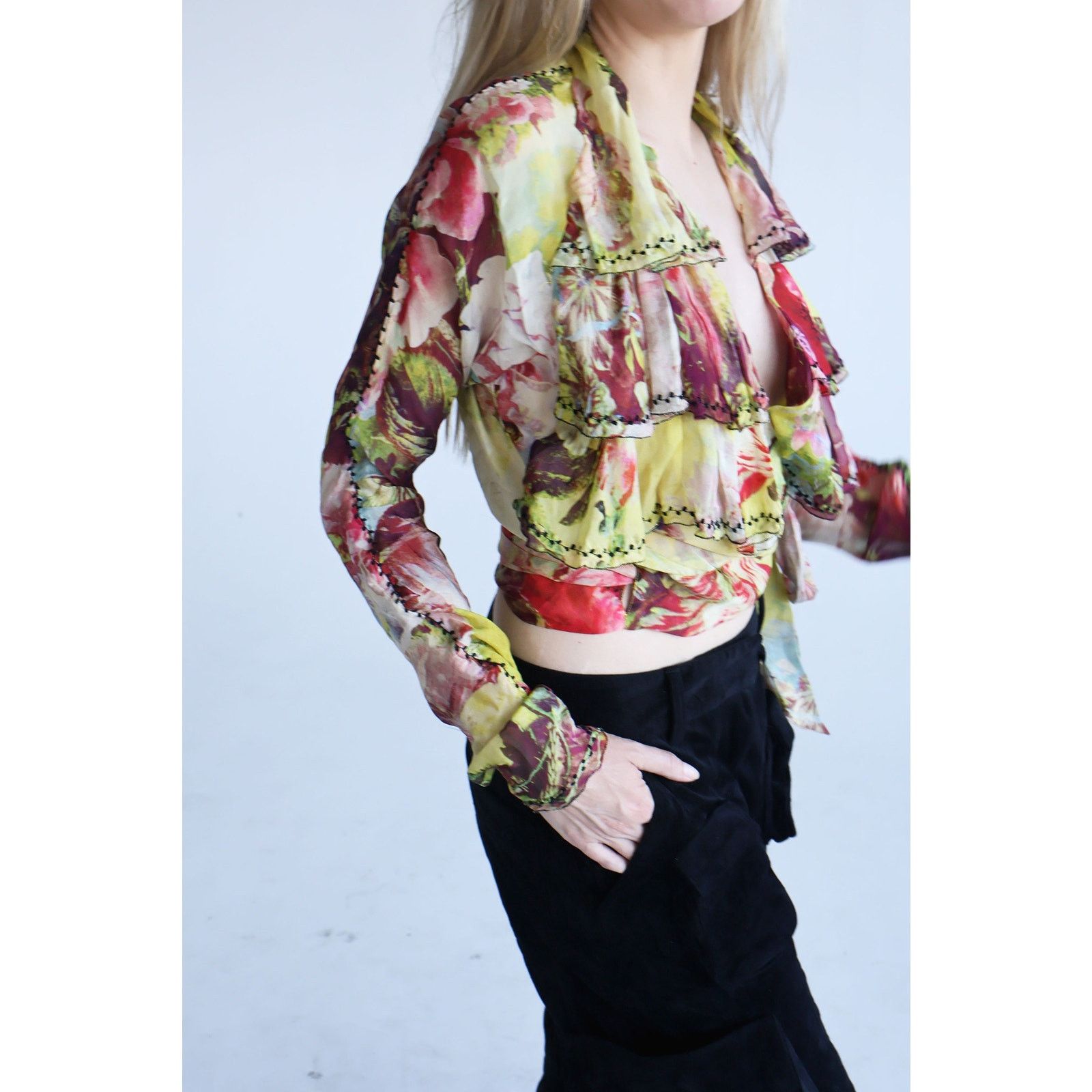 Jean Paul Gaultier Vintage Jean Paul Gaultier Floral Print Silk Ruffle Wrap Top Size M / US 6-8 / IT 42-44 - 7 Thumbnail