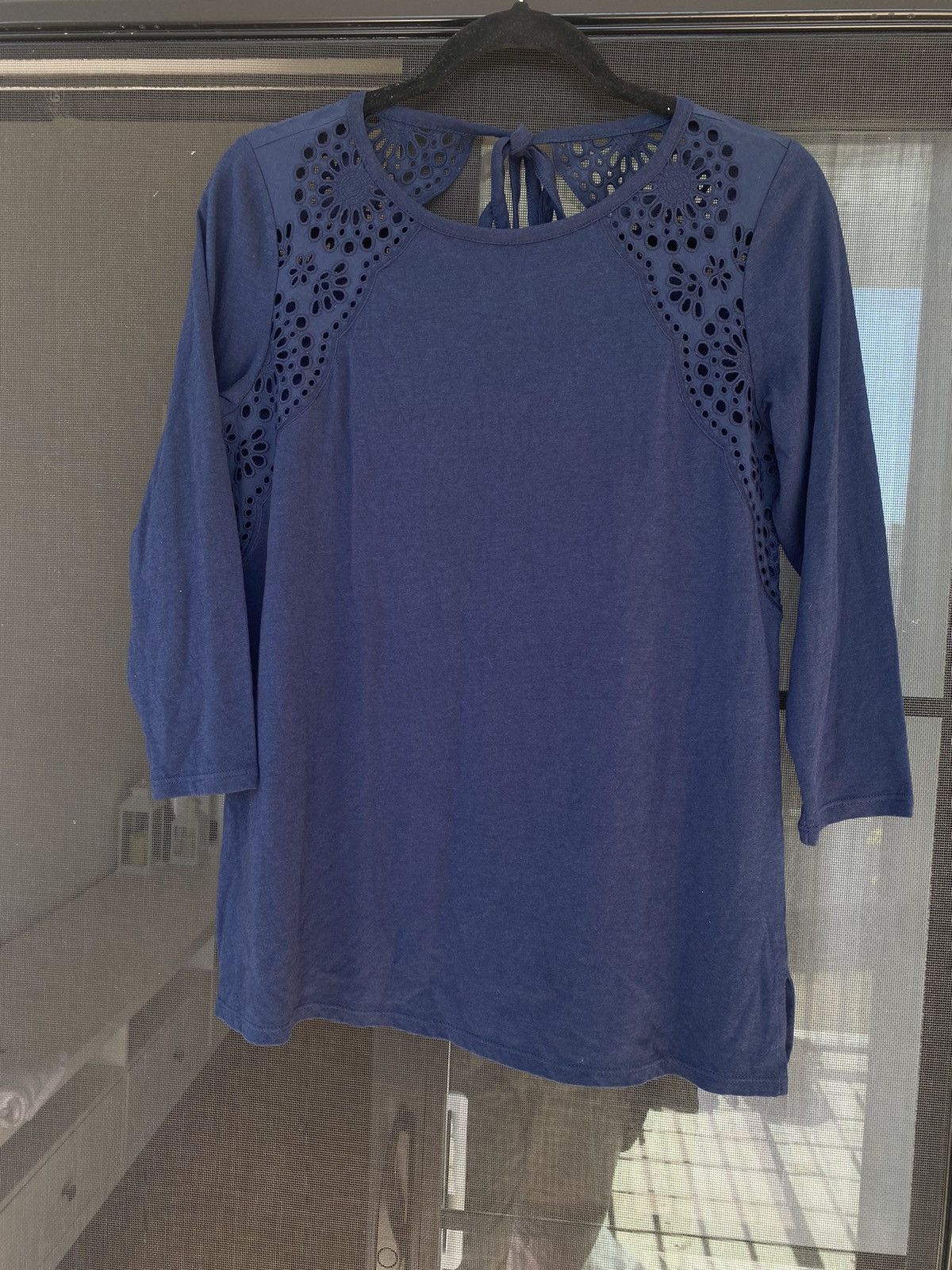 Other NWT J Jill Navy Blue Eyelet Knit Top Tee XS Cotton Tie Back Size XS / US 0-2 / IT 36-38 - 10 Thumbnail