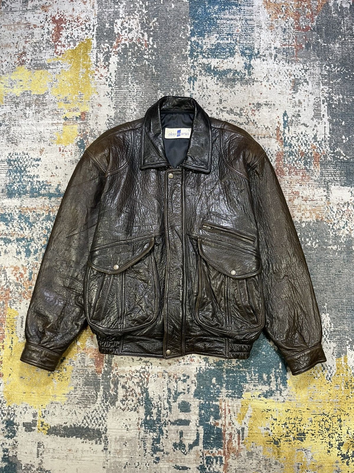 Genuine Leather Vtg Alan Martin Italy Back Embossed Sheepskin Bombers Size US L / EU 52-54 / 3 - 13 Thumbnail