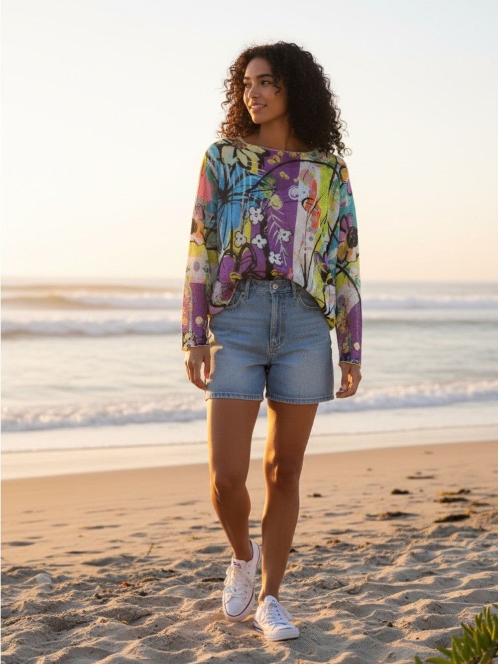 Other New COFLB Blue Purple Floral Round Knit Printed Sweater Mad Size ONE SIZE - 1 Thumbnail