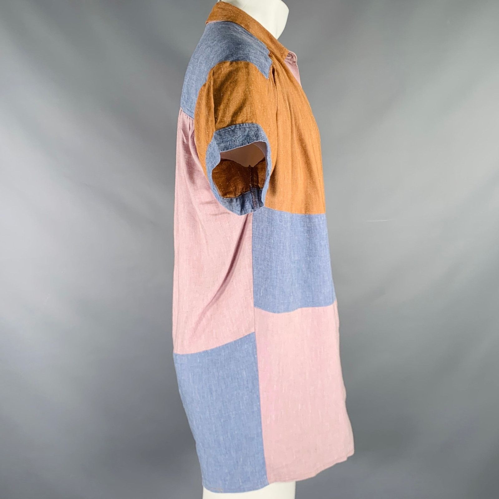 Other S Blue Purple Brown Linen Viscose Color Block Ruched Shirt Size S / US 4 / IT 40 - 2 Thumbnail