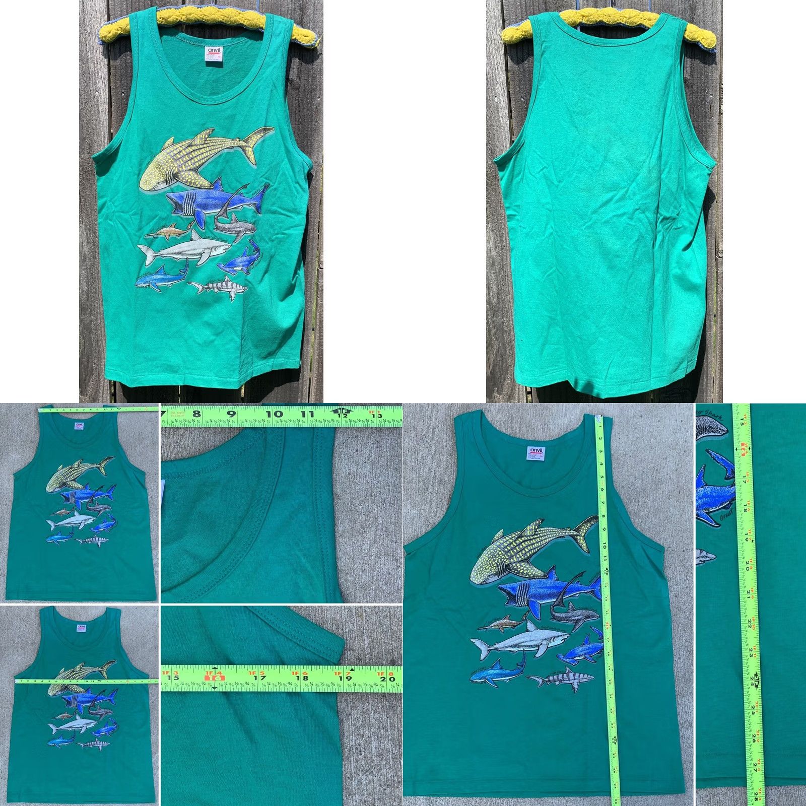 Anvil VINTAGE Shark Sharks Tank Top Made In USA M Medium Green 1990s Graphic Tee Mens Size US M / EU 48-50 / 2 - 8 Thumbnail