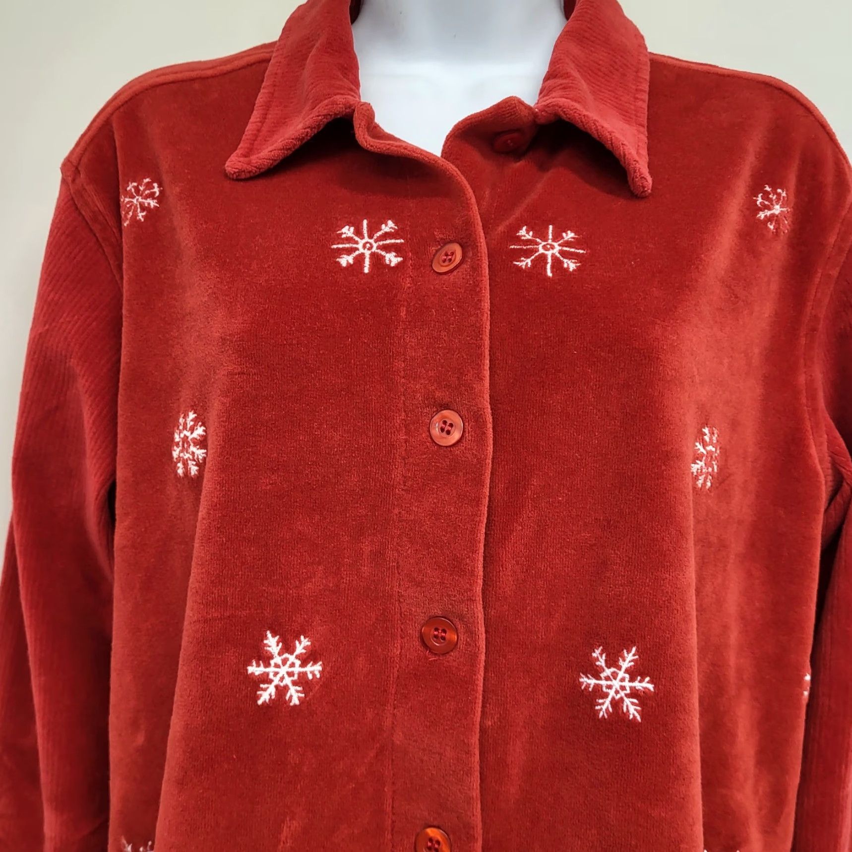 Vintage Capacity Blouse Womens Medium Red Button Up Fleece Christmas Snowflake Embroidery Shirt Size M / US 6-8 / IT 42-44 - 2 Thumbnail