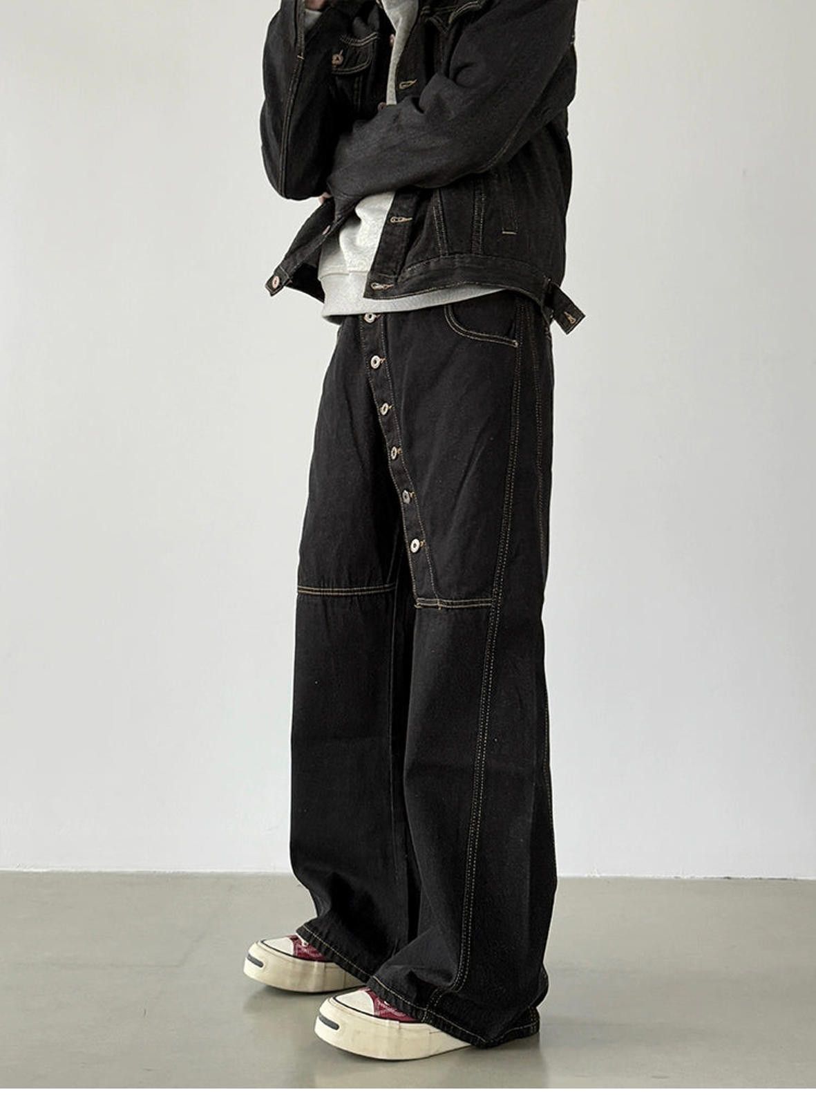 Japanese Brand Black Wide Leg Denim Jeans, Button-Front Detail Jeans Size US 32 / EU 48 - 6 Thumbnail