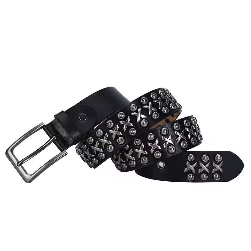 Genuine Leather 125 cm Punk Rock Studded Rivet Belts Size ONE SIZE - 2 Thumbnail