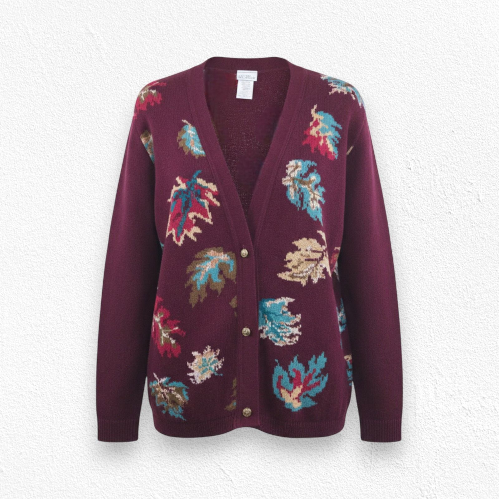 Vintage 90s Burgundy Leaf Print Cardigan USA Made Size Medium Size M / US 6-8 / IT 42-44 - 1 Thumbnail