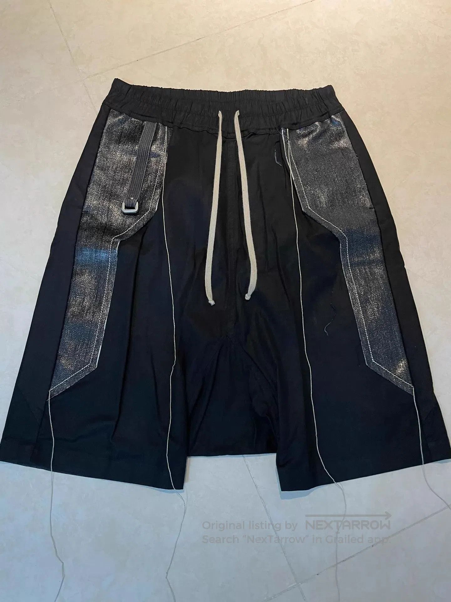 Rick Owens Black Shorts with Metallic Side Panels and Drawstring. Size US 26 / EU 42 - 1 Thumbnail