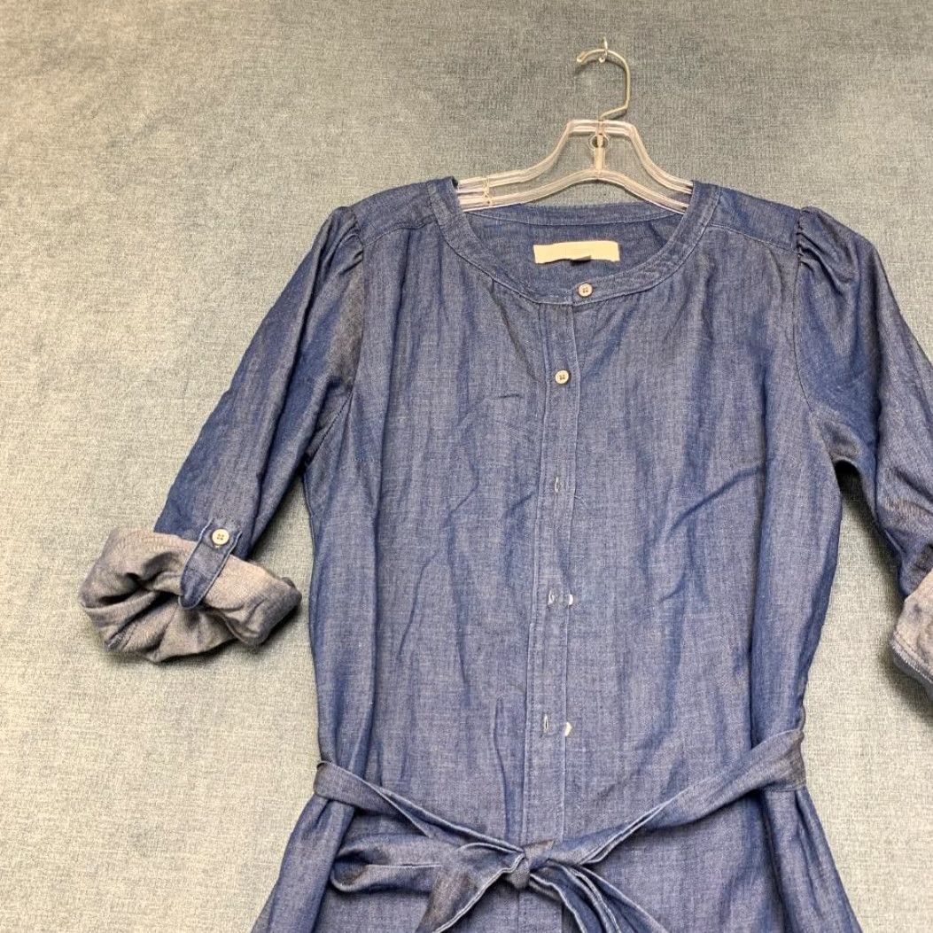 Loft VINTAGE Loft Shirt Dress Women S Blue Denim Pleated Tie Waist Round Neck Roll Tab Sleeve Size S / US 4 / IT 40 - 4 Thumbnail
