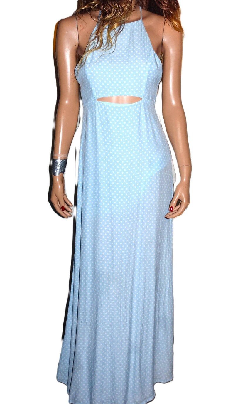 Vintage Baby Blue White Polka Dot Cut Out Maxi Dress S Size S / US 4 / IT 40 - 1 Thumbnail