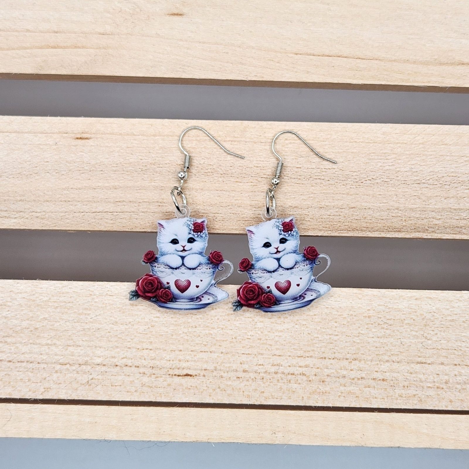Other White Cat in Teacup Acrylic Earrings with Red Roses Size ONE SIZE - 3 Thumbnail