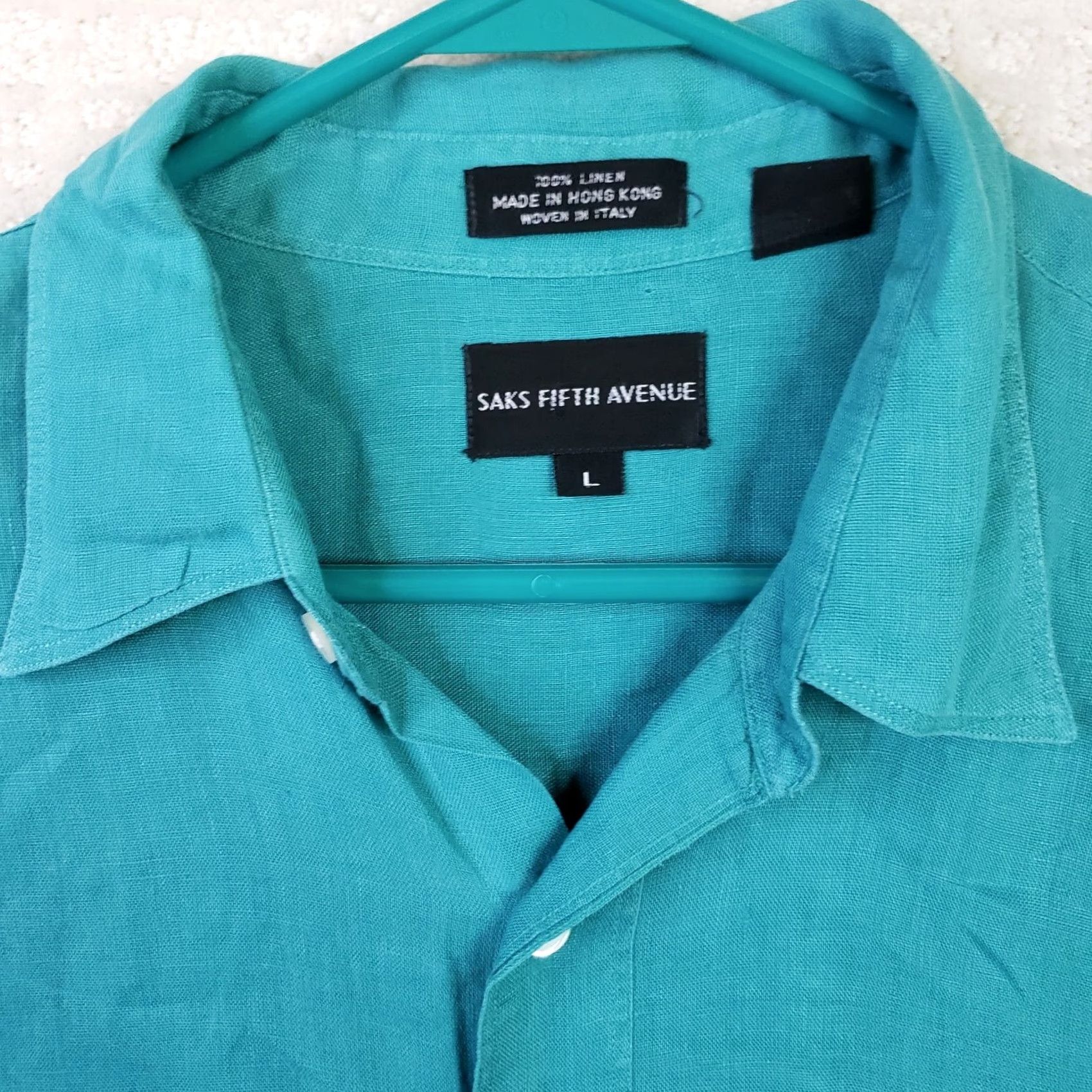 Saks Fifth Avenue Saks Fifth Avenue Shirt Mens L Aqua Linen Short Sleeve Button-Up Closet Classic 1 Pocket Button-Down Collar Front Size US L / EU 52-54 / 3 - 4 Thumbnail