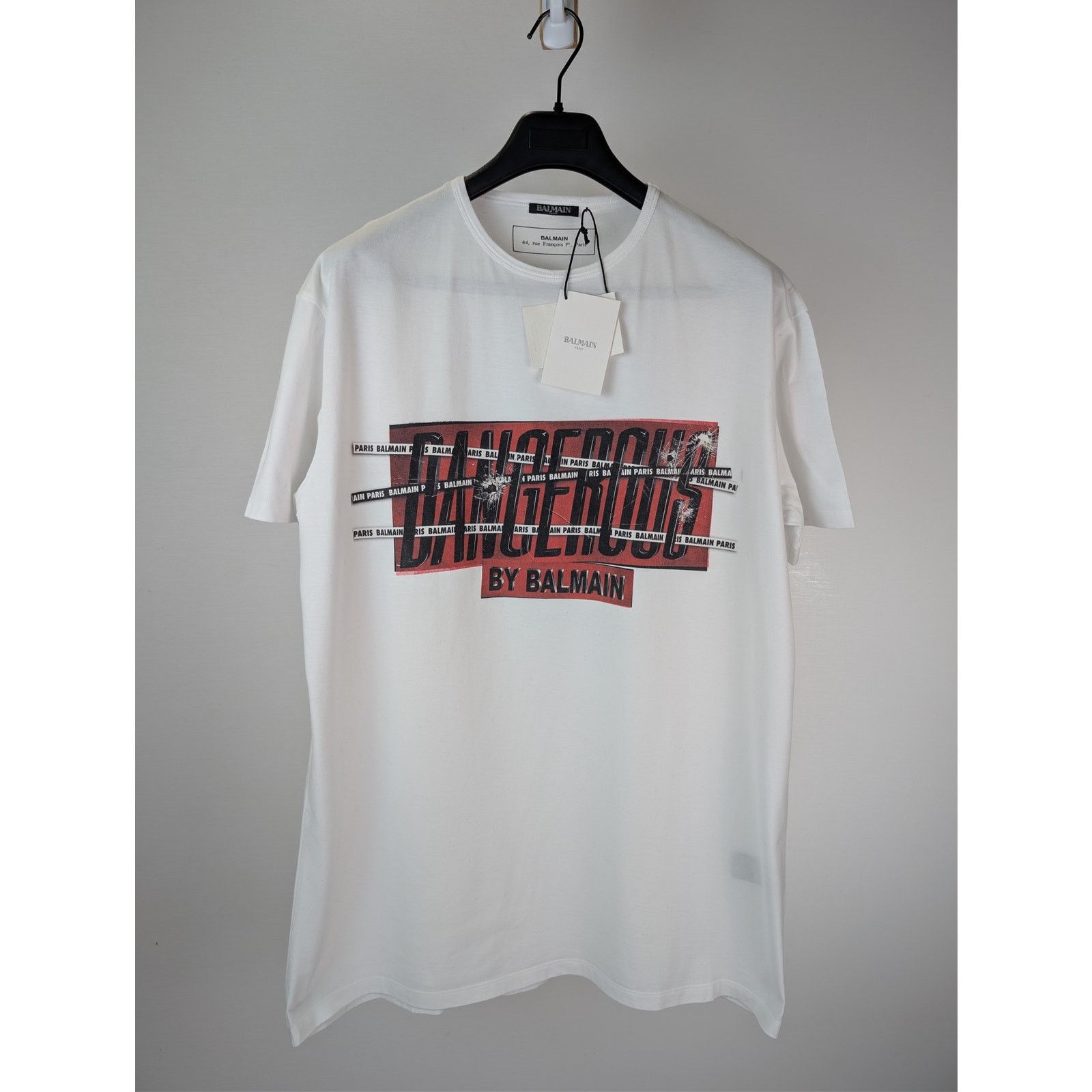 Balmain o1rshd1 Dangerous Print Cotton Crewneck T-Shirt in White Size US S / EU 44-46 / 1 - 2 Thumbnail