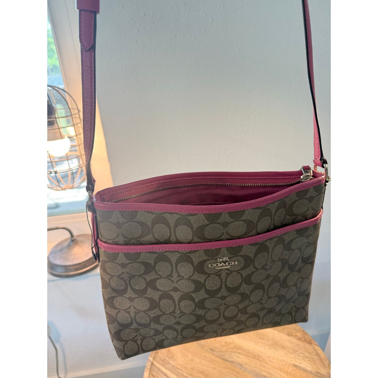 Coach Coach Signature File Bag Crossbody Khaki Pink Leather Trim Size ONE SIZE - 13 Thumbnail