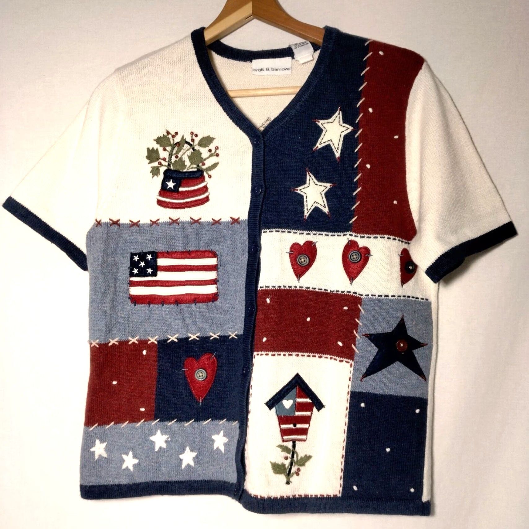 Croft & Barrow Croft & Barrow Women Cardigan Sweater USA Flag Patriotic Short Sleeve V-Neck Embroidered Patchwork Multicolor Casual Size S / US 4 / IT 40 - 2 Thumbnail