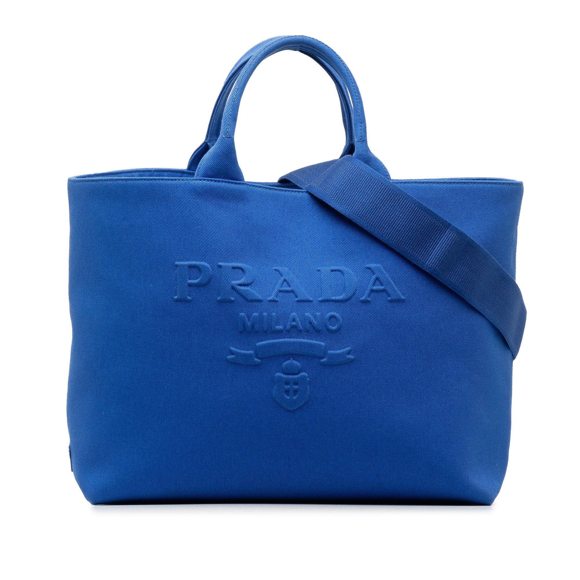 image of Prada Medium Canvas Logo Drill Satchel in Blue, Women's