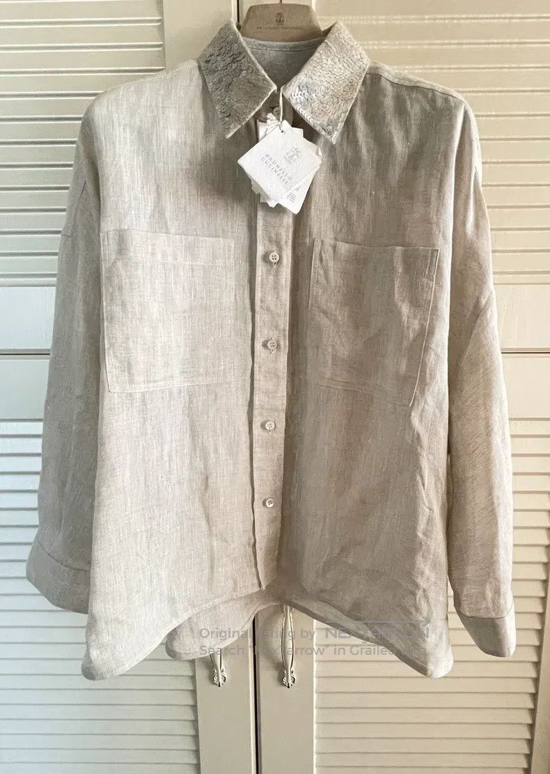 Brunello Cucinelli Brunello Cucinelli Loose linen shirt with sequin collar Size L / US 10 / IT 46 - 1 Thumbnail
