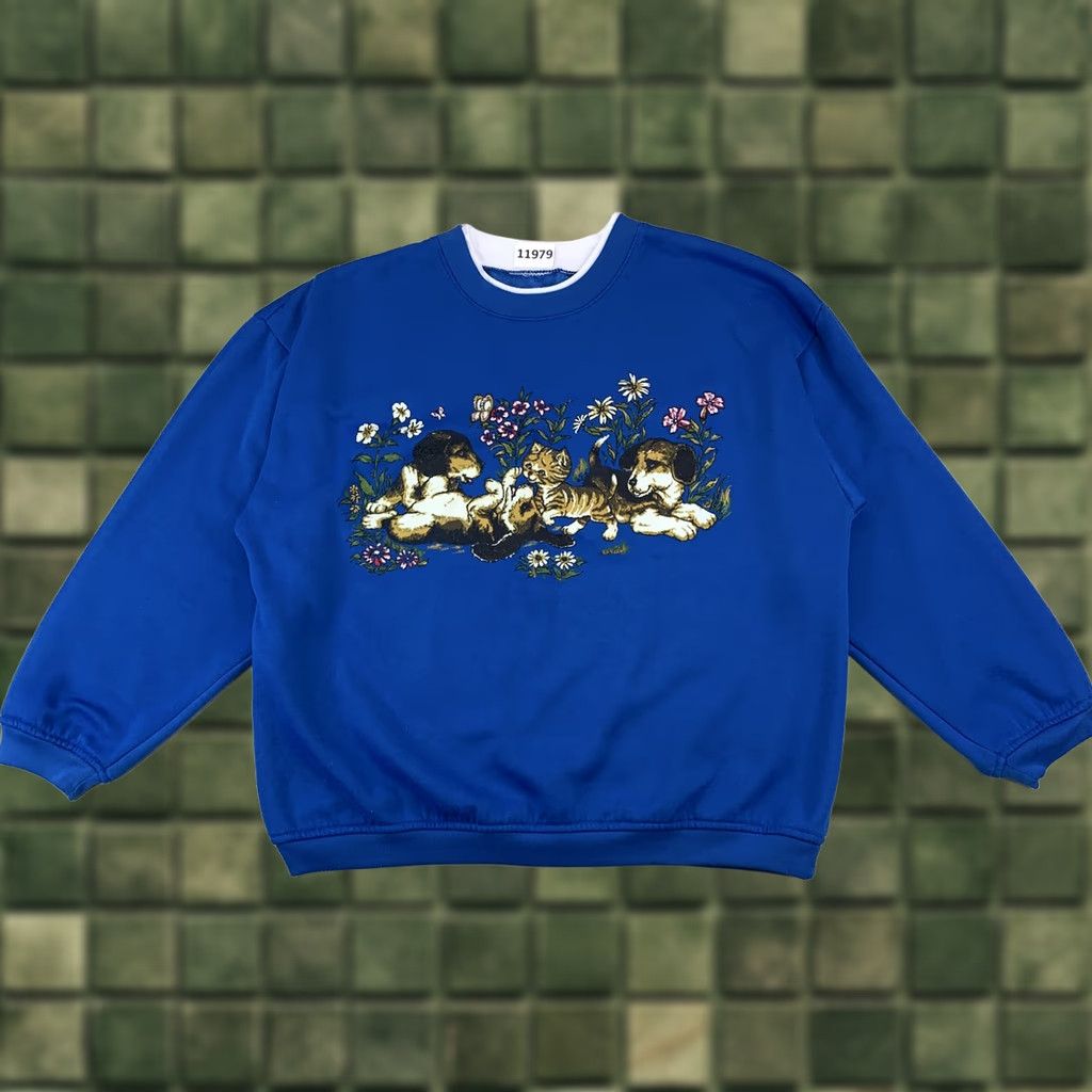 Vintage Vintage 80s Blue Puppies Kitten Grandma Sweatshirt Adult XL Pullover Women Size XL / US 12-14 / IT 48-50 - 1 Thumbnail