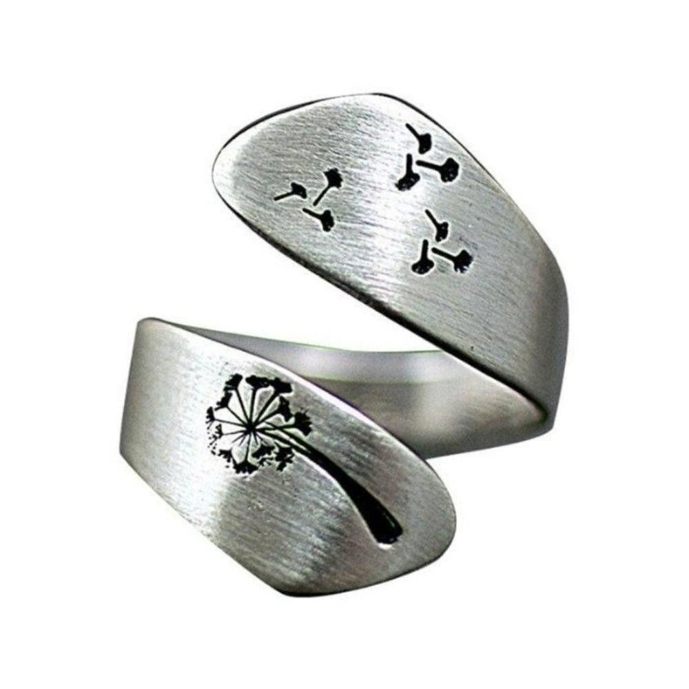 Designer Silver Carved Engraving Dandelion Open Ring Size ONE SIZE - 2 Thumbnail