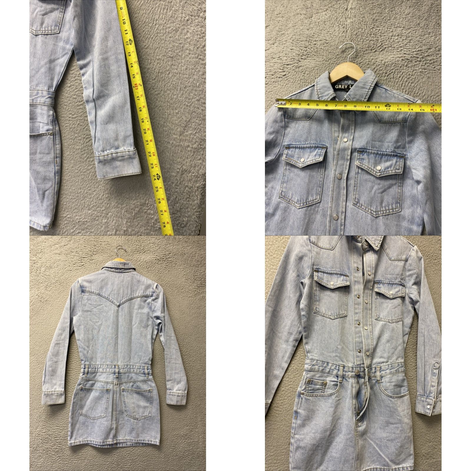 Vintage VINTAGE Grey Lab Mini Dress XS Blue Cotton Knit Long Sleeve Tie-Waist Snap Button Classic Womens Size XS / US 0-2 / IT 36-38 - 8 Thumbnail