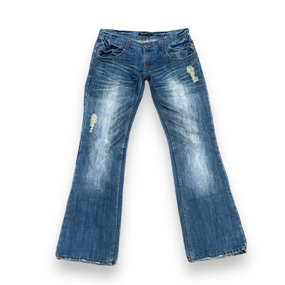 If Six Was Nine × Japanese Brand × Le Grande Bleu (L.G.B.) 🇯🇵 ROOT THREE GLITTER DISTRESSED FLARE DENIM PANTS Size US 31 - 1 Thumbnail