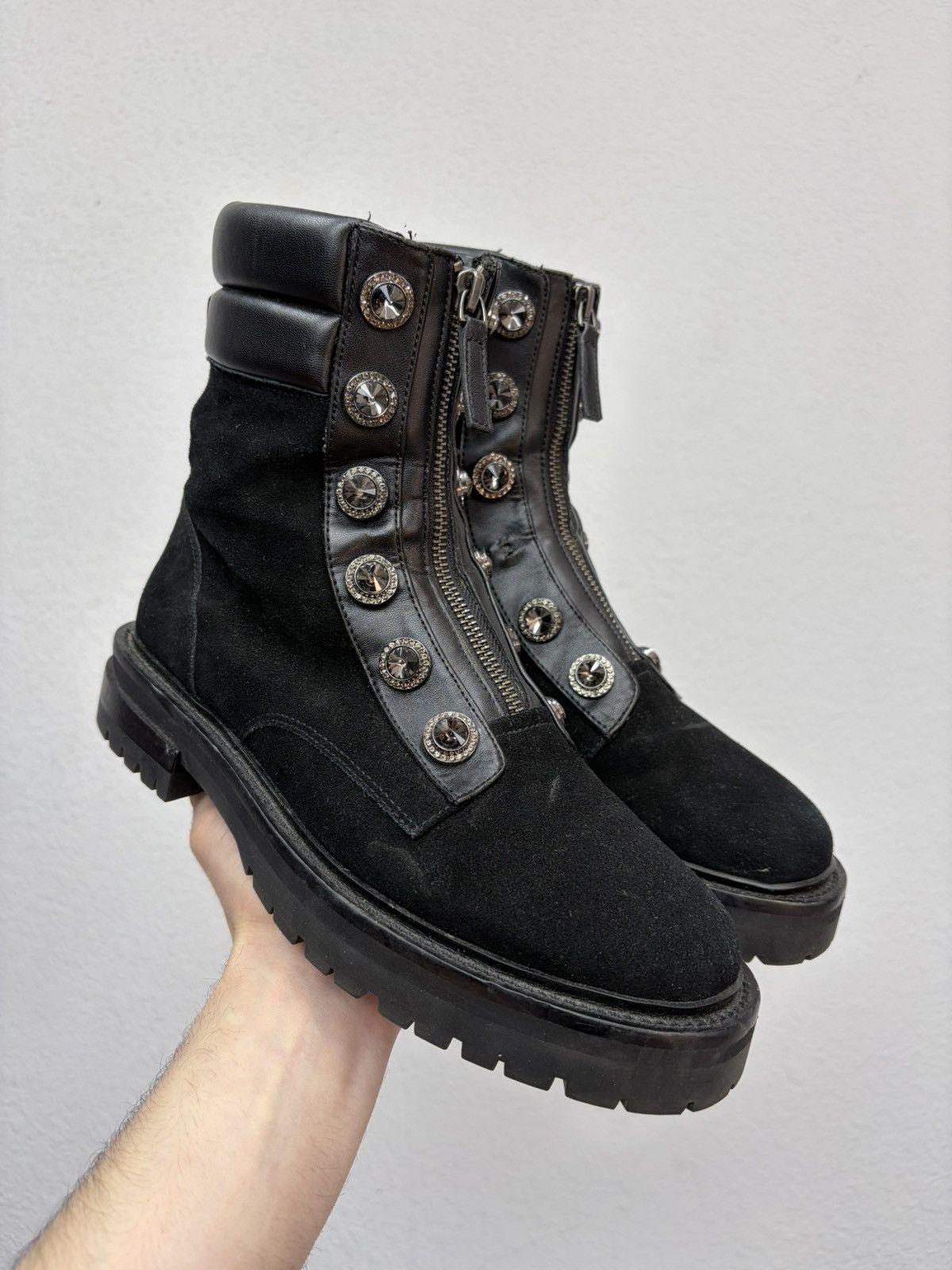 If Six Was Nine Balmain Rick Owens Style Crystal Zip Combat Boots Punk Goth Size US 7.5 / EU 40-41 - 1 Thumbnail