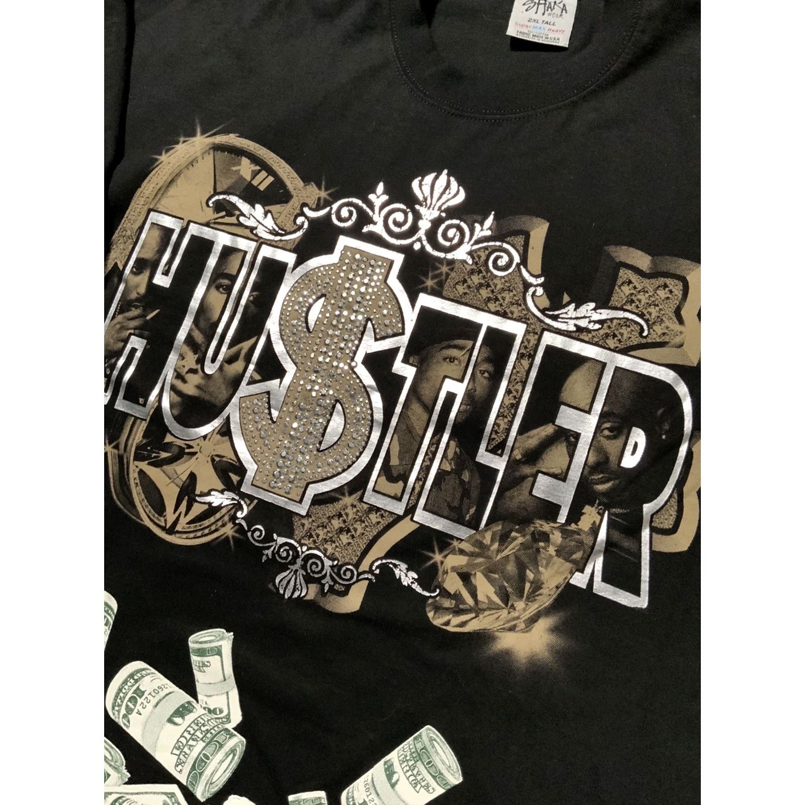 Vintage VINTAGE Hustler Tupac Studded Embellished Money Hip Hop Rap T-Shirt 2XLT Mens Black 90s 2000s Shirts Size US XXL / EU 58 / 5 - 5 Thumbnail