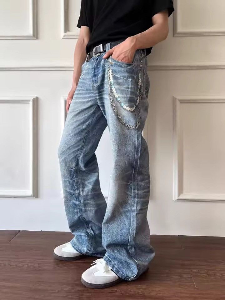 Jean Cyber Y2K Streetwear 3D Printed Washed Blue Size US 29 - 3 Thumbnail