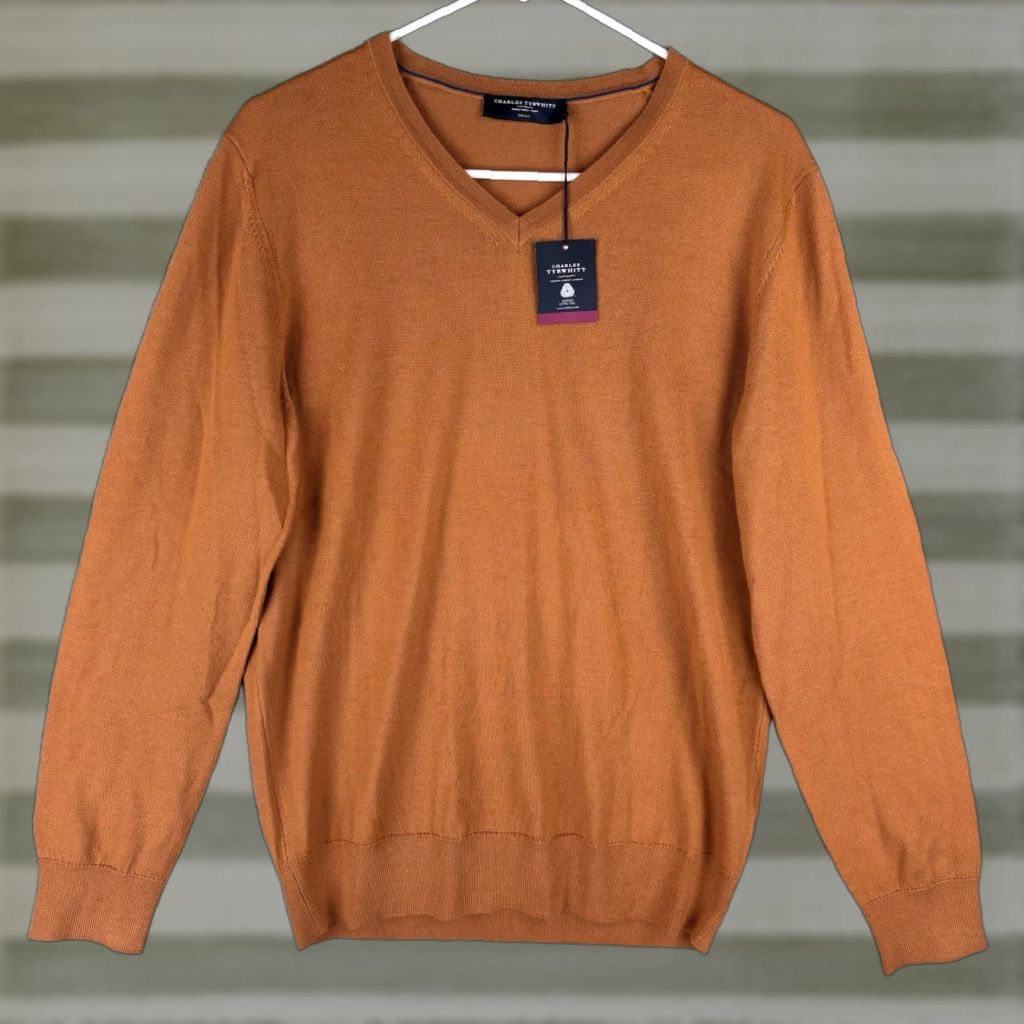 Charles Tyrwhitt Charles Tyrwhitt V-Neck Jumper Mens Small Burnt Orange Pure Merino Wool Pullover Knit Sweater Long Sleeve Casual Regular Wool Tone Orange Mens S Size US S / EU 44-46 / 1 - 1 Thumbnail