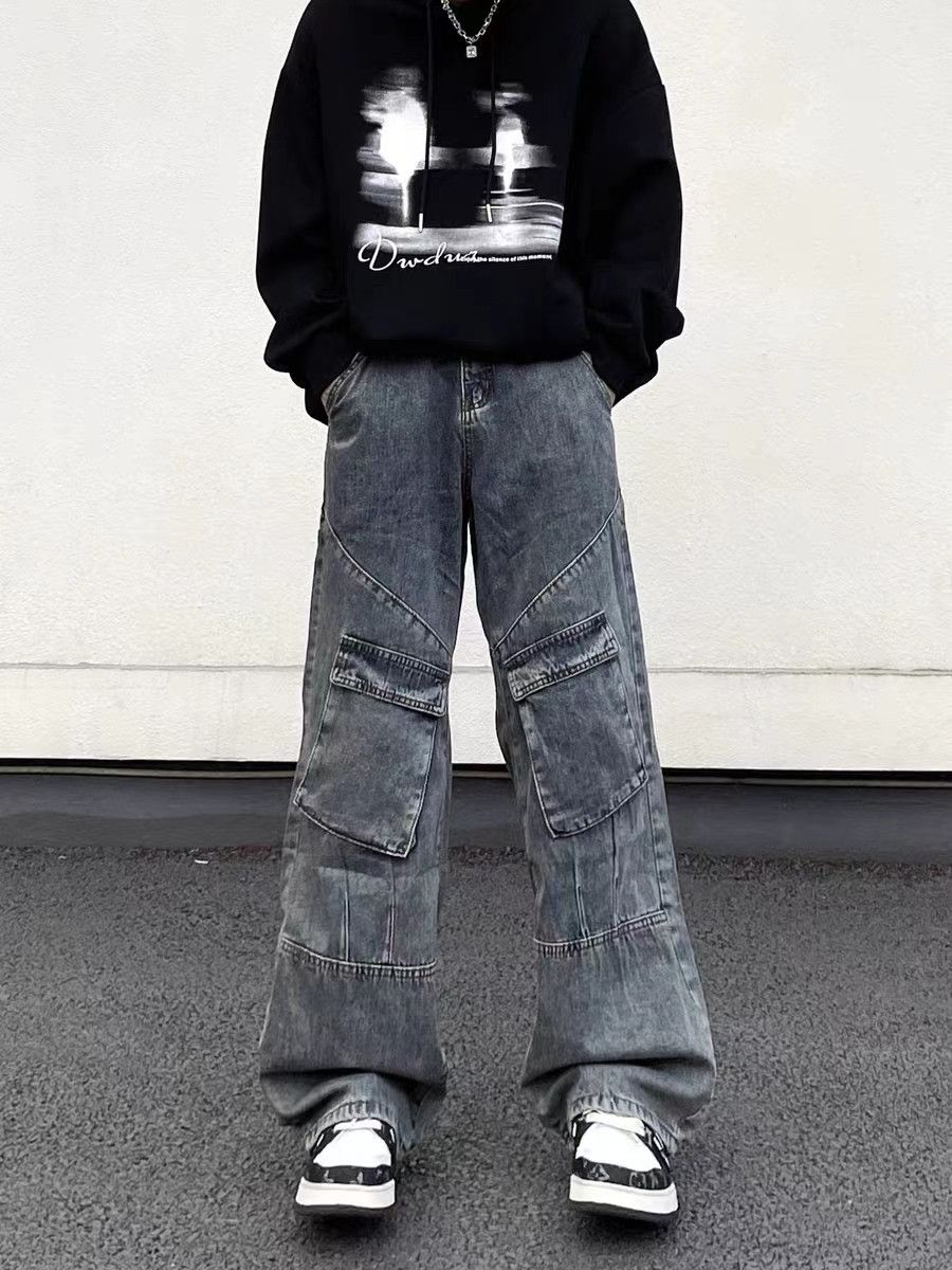 Vintage patchwork multi-pocket cargo jeans