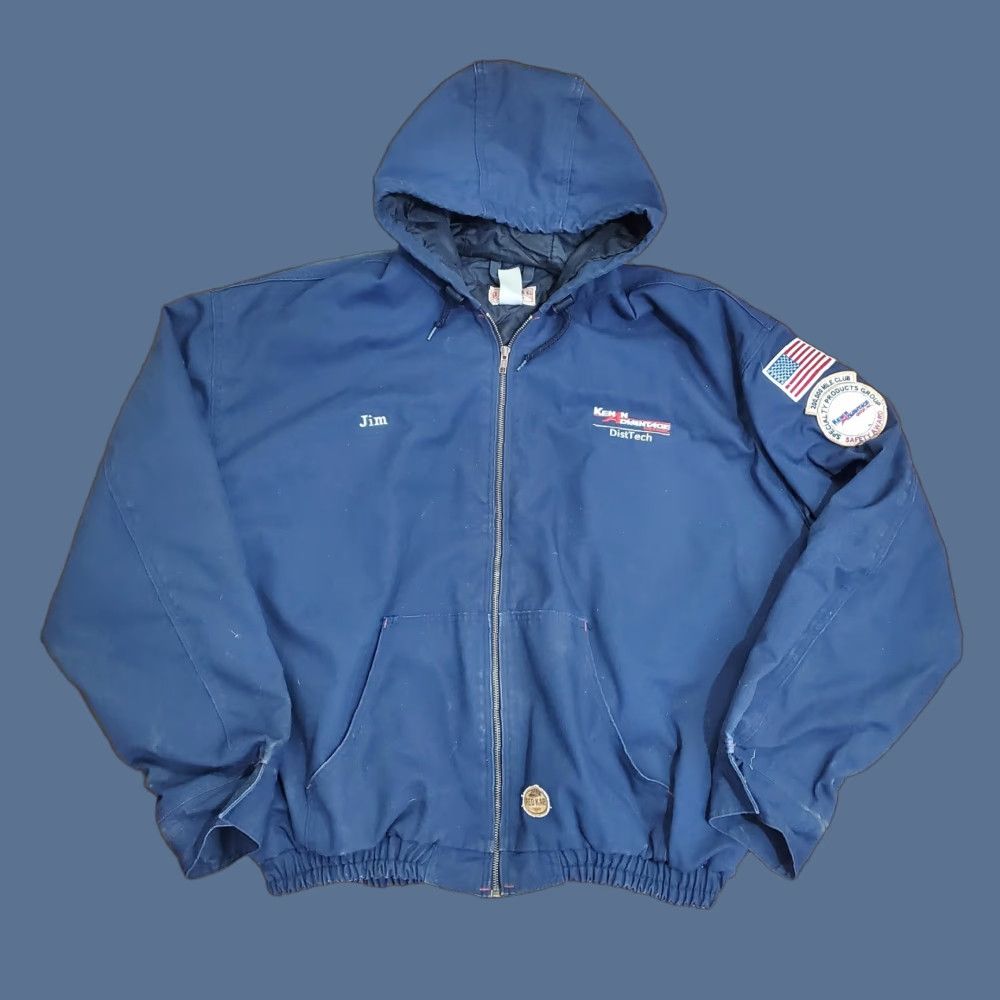 VINTAGE Red Kap Jacket Mens 3XL Navy Hooded Insulated Workwear Zip Up Kenan Advantage USA Patriotic Embroidered Patches Logo Zip