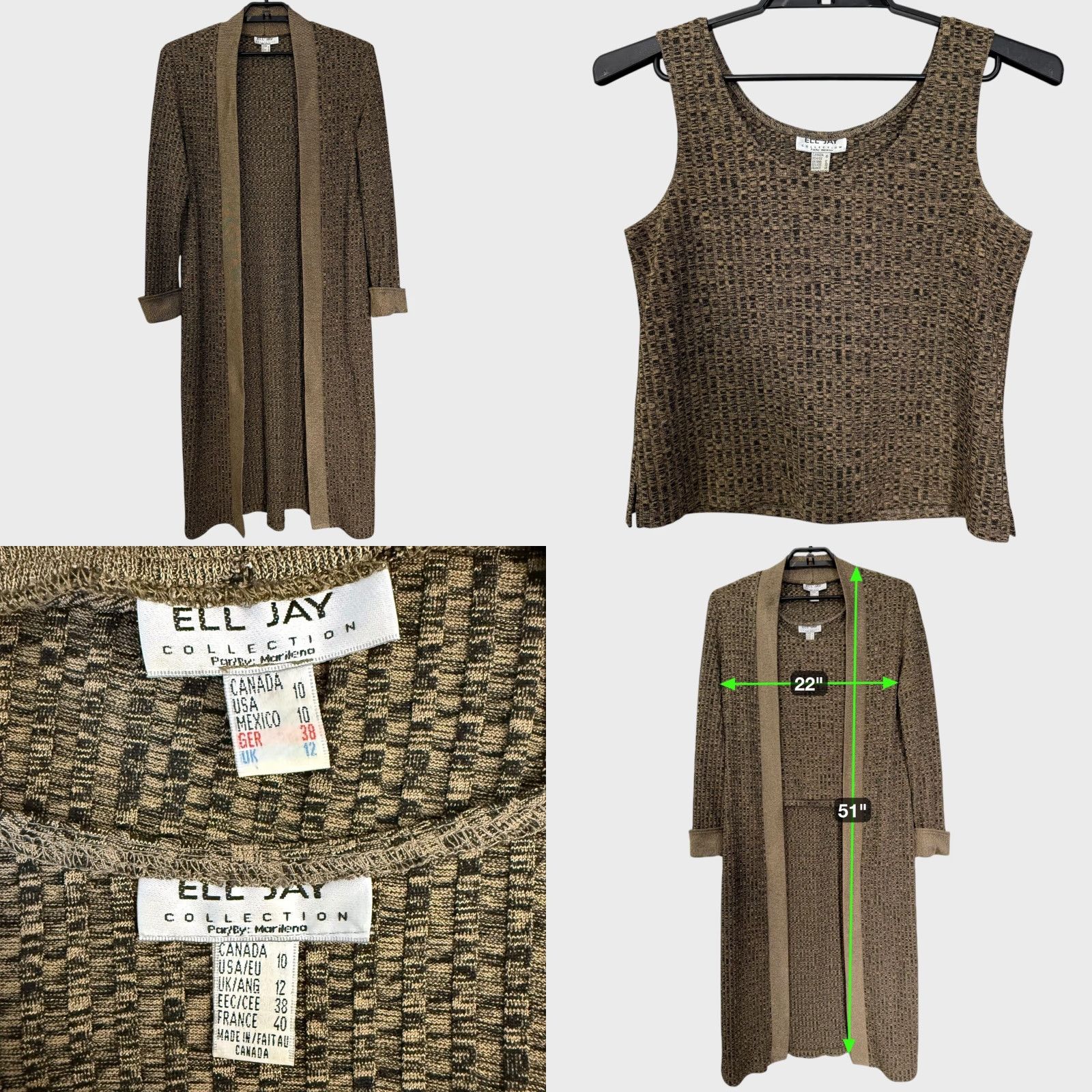 Vintage VINTAGE ELL JAY Cardigan Set – Open-Front Duster & Tank Top – Women's 10 – Brown Knit Knitwear Boho City Classic Preppy 2-Piece Set Size L / US 10 / IT 46 - 8 Thumbnail