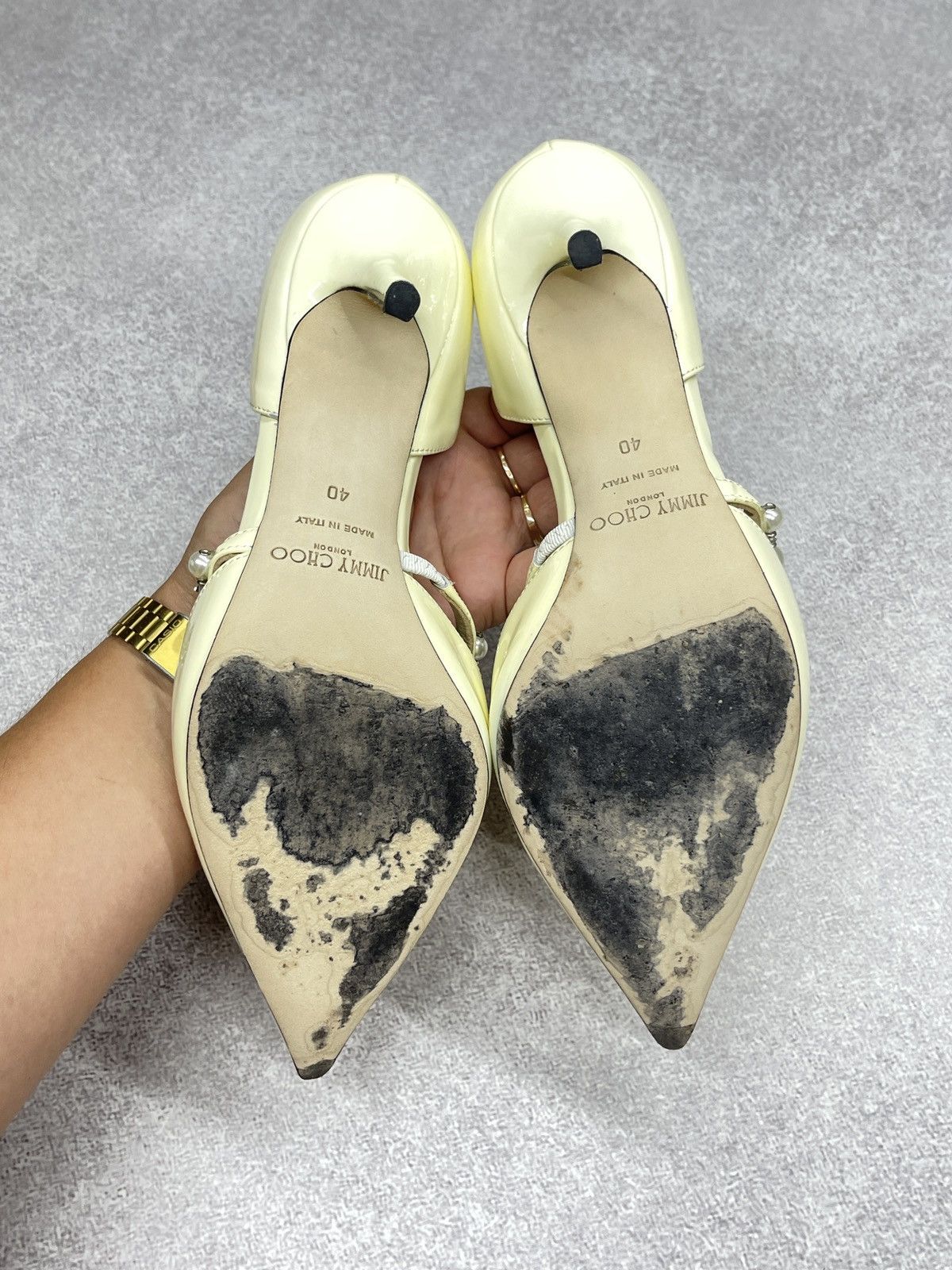 Jimmy Choo Jimmy Choo Beige Patent Leather Aurelie 85 Pump Heels Size US 9 / IT 39 - 13 Thumbnail
