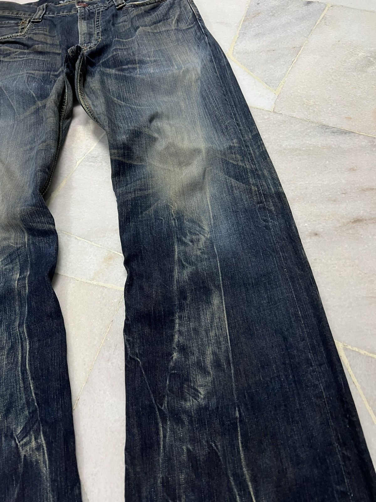 Edwin × Vintage 💥Flare💥Edwin 503 Blue Trip Distress Jean Size US 35 - 7 Thumbnail