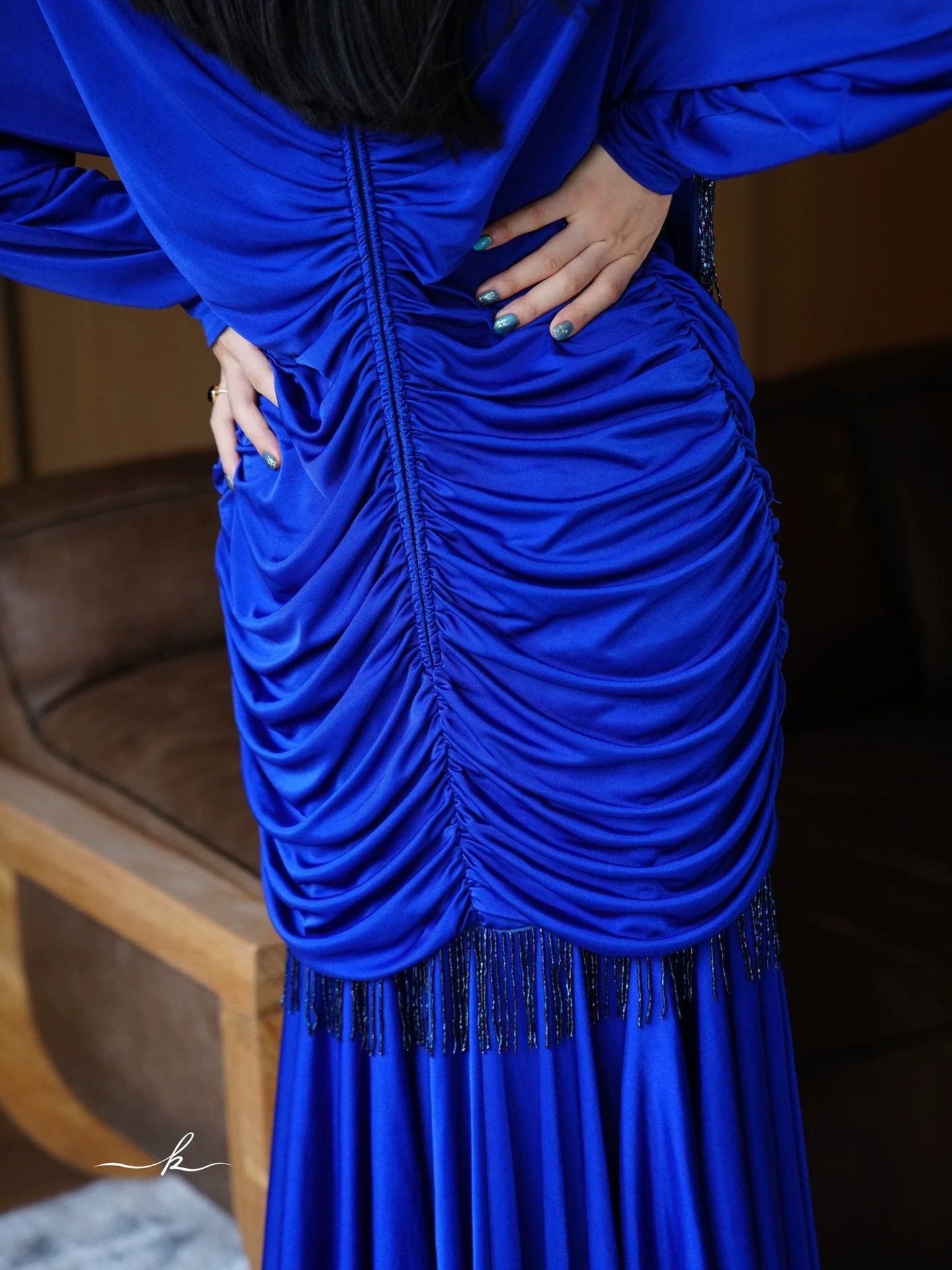 Vintage Vintage Klein Blue Pleated Beaded Tassel Dress Size L / US 10 / IT 46 - 8 Thumbnail