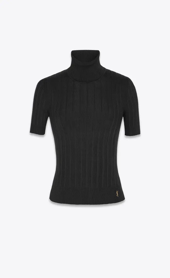 Saint Laurent Paris o1b1hav110325 705377 Top Cassandre Ribbed Silk Sweater Black Size XS / US 0-2 / IT 36-38 - 1 Thumbnail