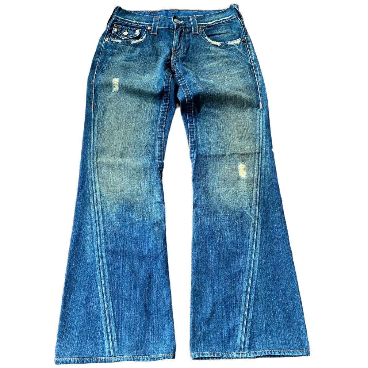 image of Distressed Denim x Made In USA Crazy Vintage Y2K True Religion Joey Distressed Flared Jeans in Blue