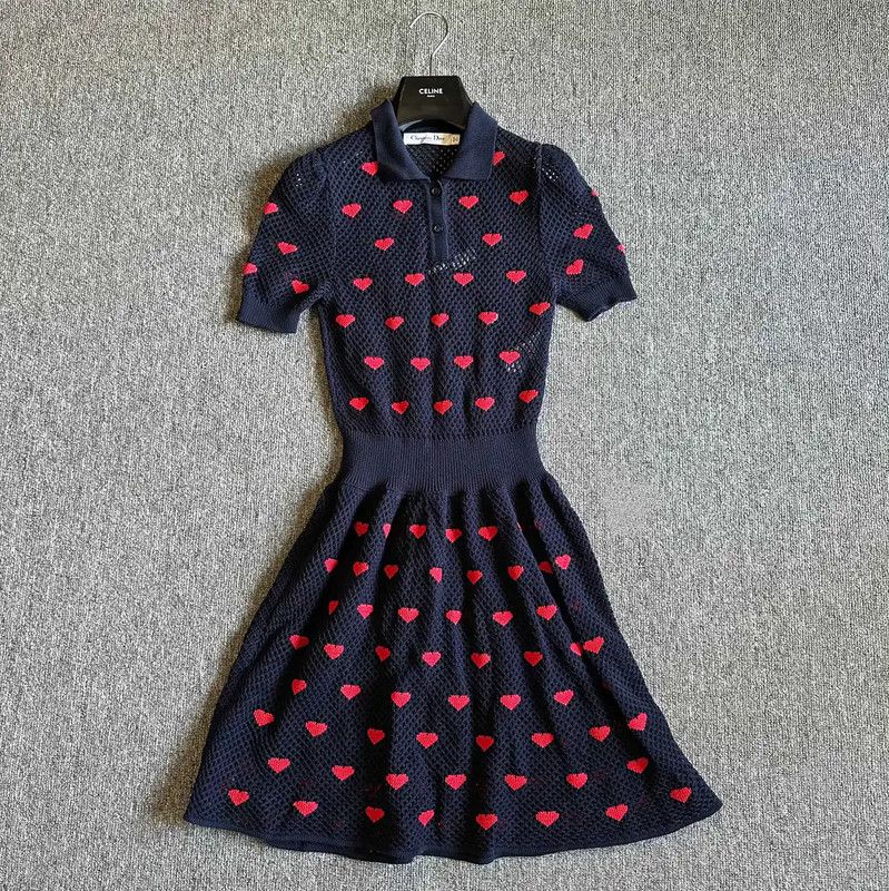 Dior Dior Spring Autumn Navy Heart Print Dress 0089 Size S / US 4 / IT 40 - 1 Thumbnail