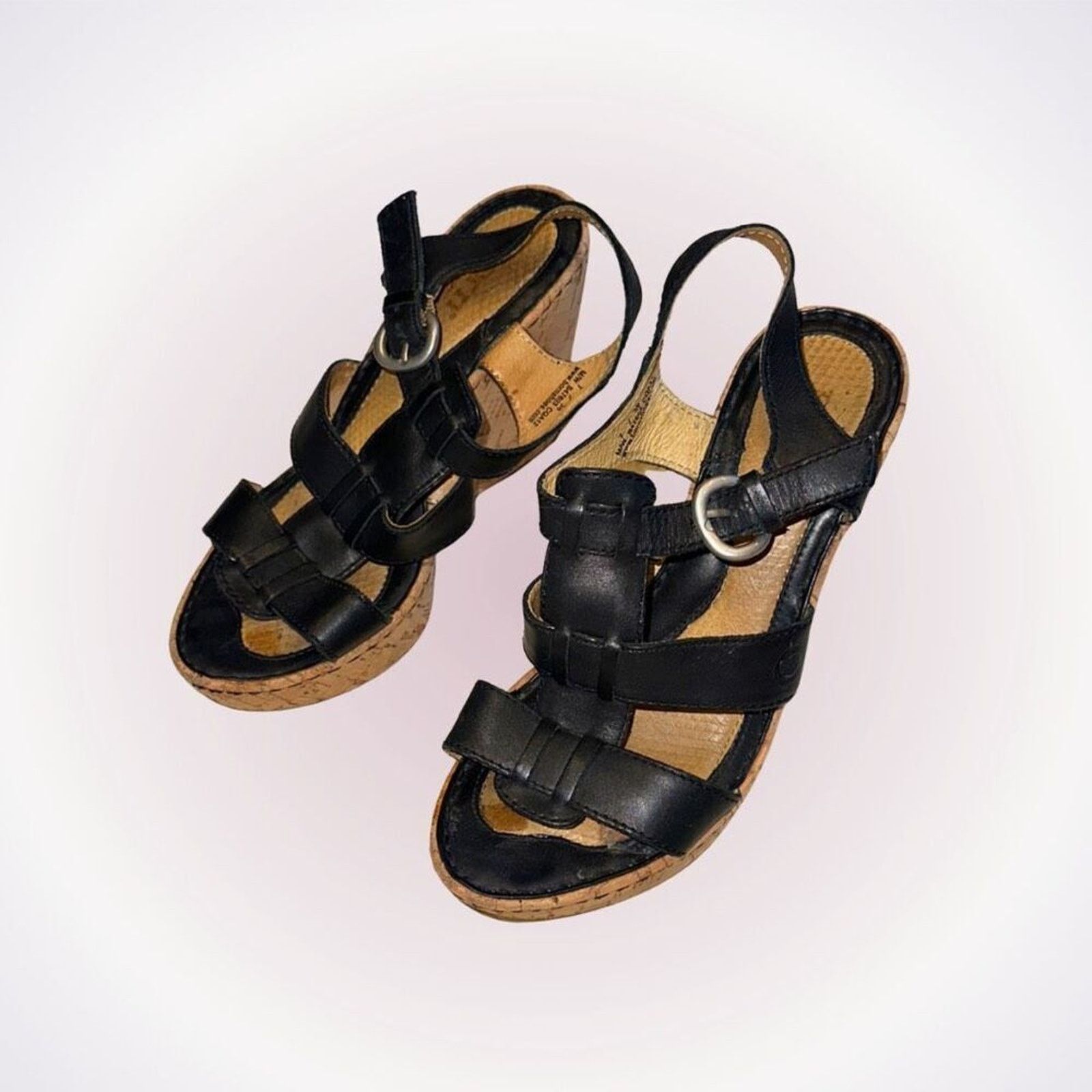 Other Born Black Patent Leather Cork Wedge Sandals | Sz 7 Size US 7 / IT 37 - 1 Thumbnail