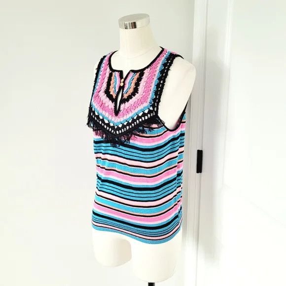 Nanette Lepore Multicolor Striped Tassel Crochet Knit Tank Spring Summer Size S / US 4 / IT 40 - 3 Thumbnail