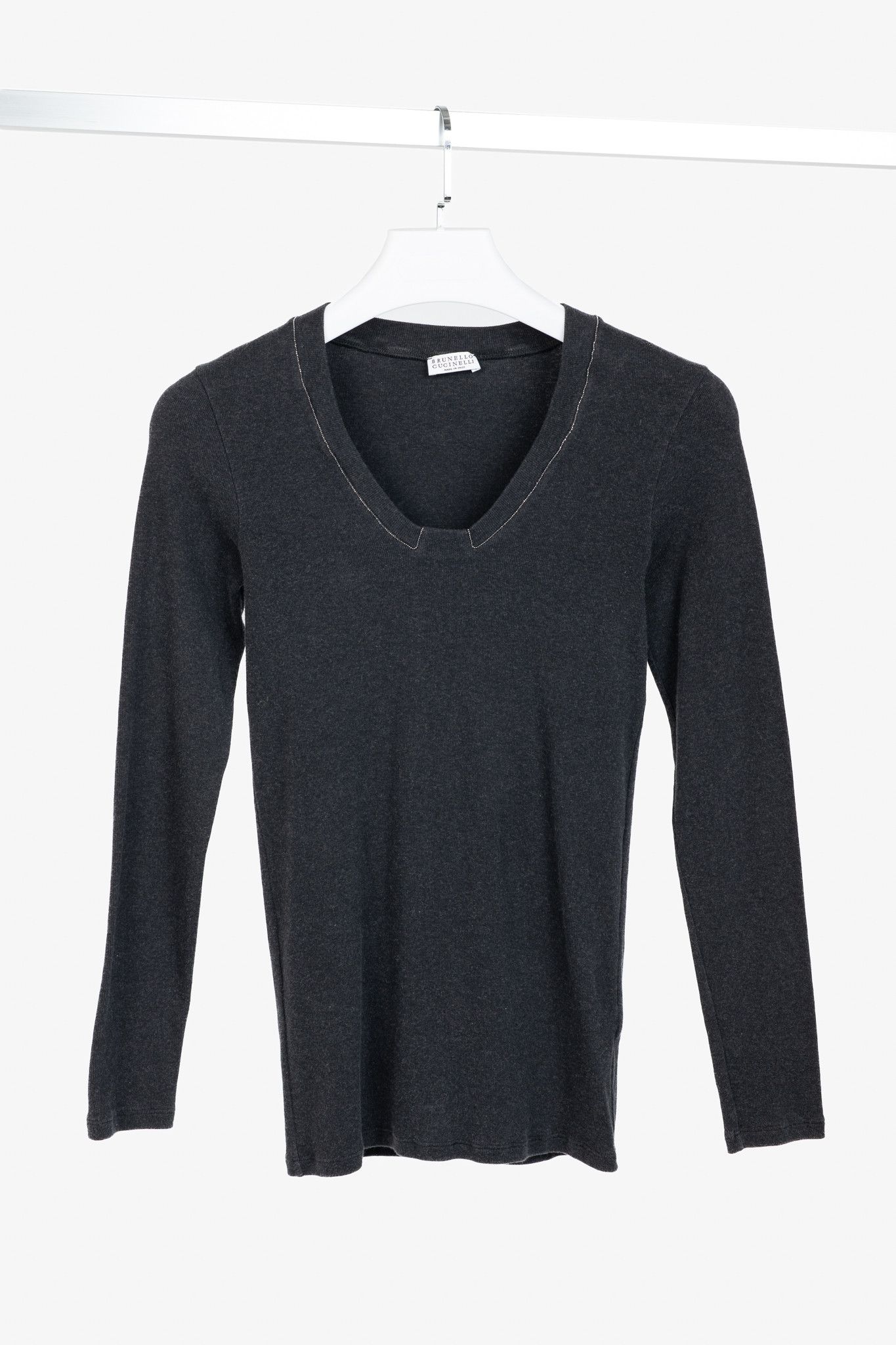 Brunello Cucinelli Grey Cotton-Knit Monili-Bead Pullover