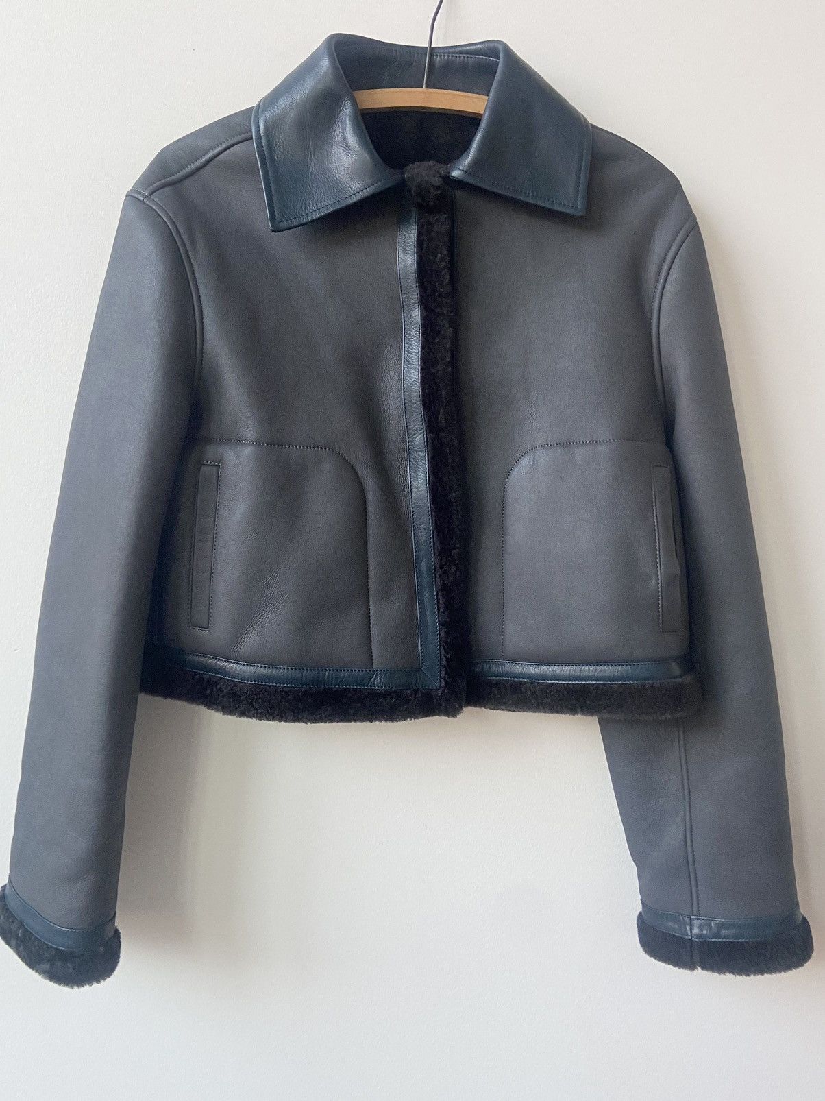 image of Jil Sander Charcoal Lambskin Faux Shearling Jacket Navy Leather Trim 38 in Grey, Women's (Size Medi