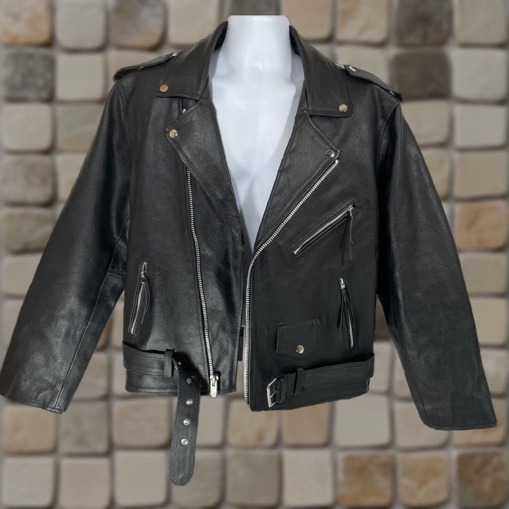 Vintage VINTAGE MAS Leather Black Motorcycle Jacket L Mens Chest 50in Belted Zipper Buckle 80s Biker Moto Jacket Size US L / EU 52-54 / 3 - 1 Thumbnail