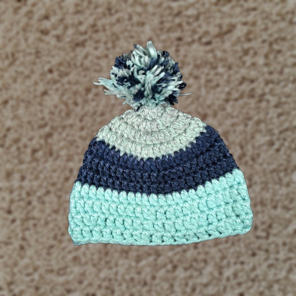 Vintage Beanie Toque Adult One Size Blue Stripe Crochet Knit 100% Acrylic Pom Snow Ski Size ONE SIZE - 1 Thumbnail