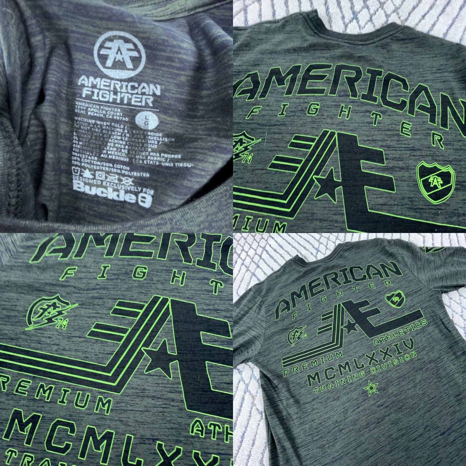 Vintage American Fighter Shirt Men Large Green Black Tee Spell Out MMA Mall Punk Adult Size US L / EU 52-54 / 3 - 8 Thumbnail