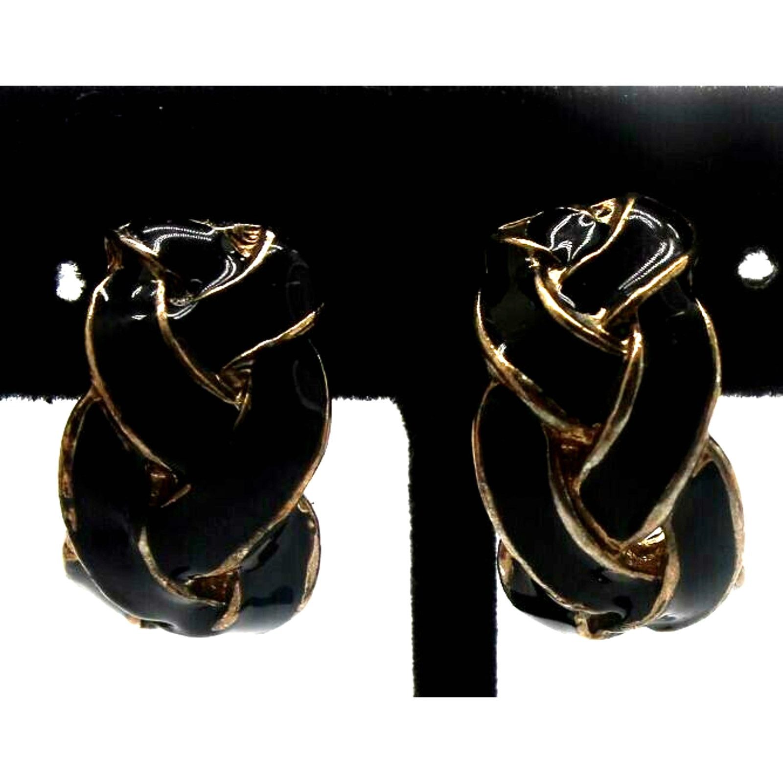 Other Black Enamel Twisted Braid Earrings • Gold Tone • Huggie 1" Size ONE SIZE - 1 Thumbnail