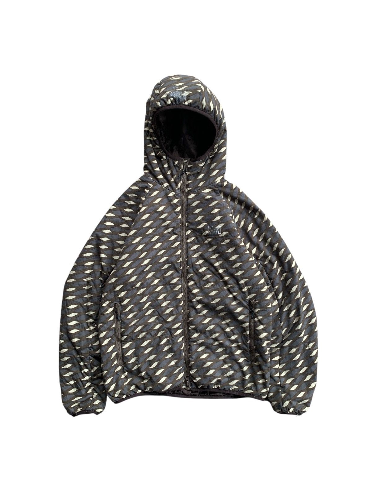 Vintage Patterned Hooded Puffer Jacket Cream Geometric Print
